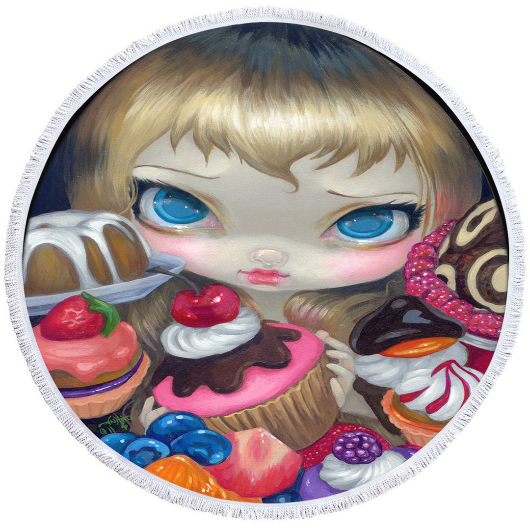 Girl with Tea Party Treats and Cakes Round Beach Towel