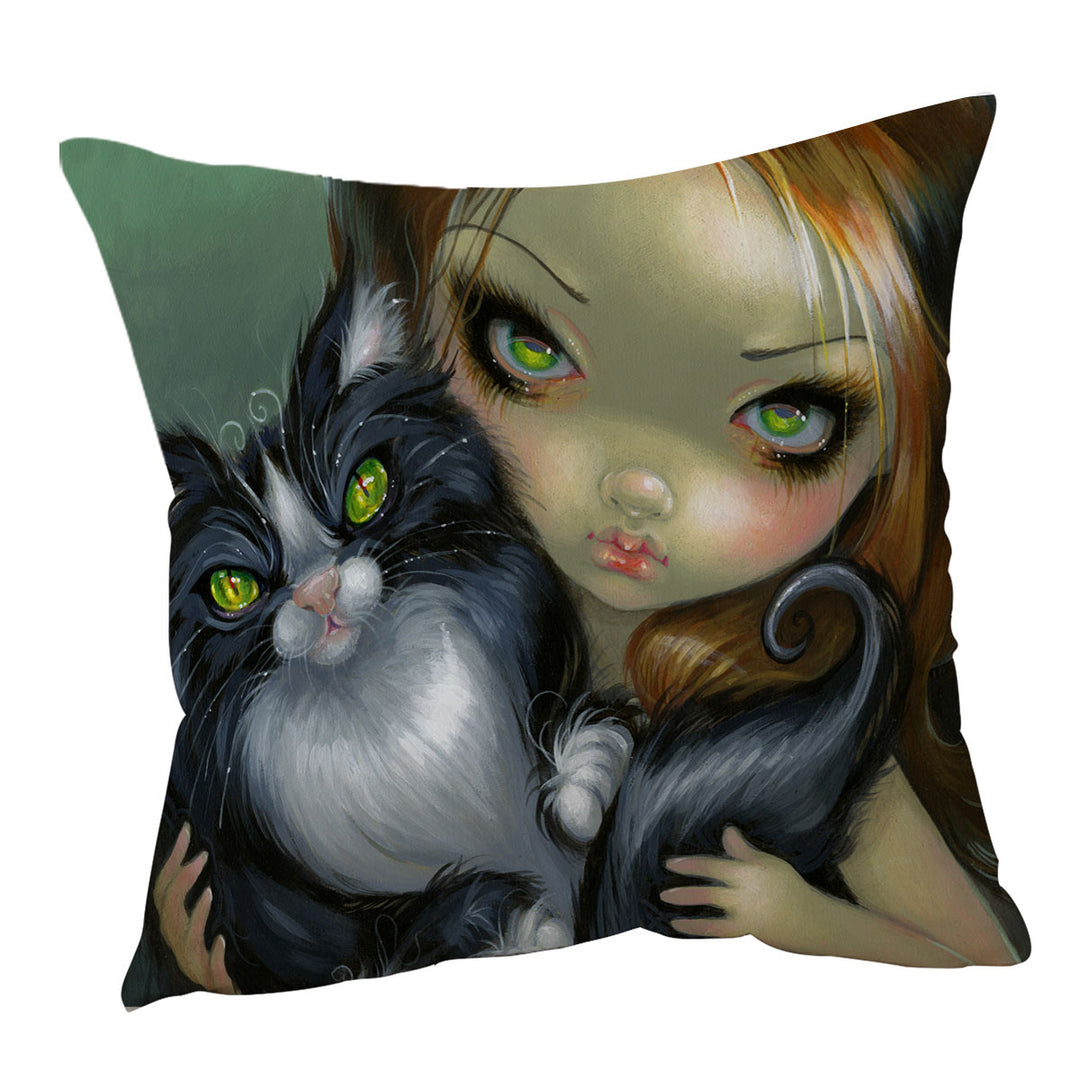 Girl with Tricksy Tuxedo Cat Cushion Cover