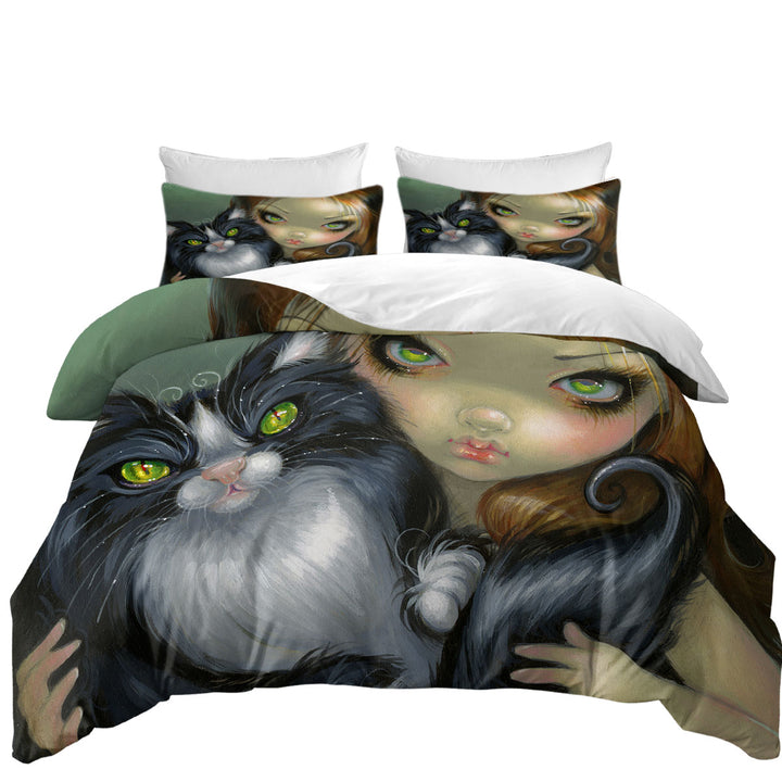 Girl with Tricksy Tuxedo Cat Duvet Cover