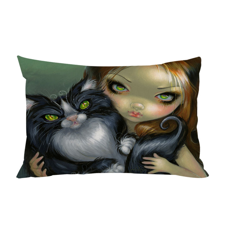 Girl with Tricksy Tuxedo Cat King Pillow Cases