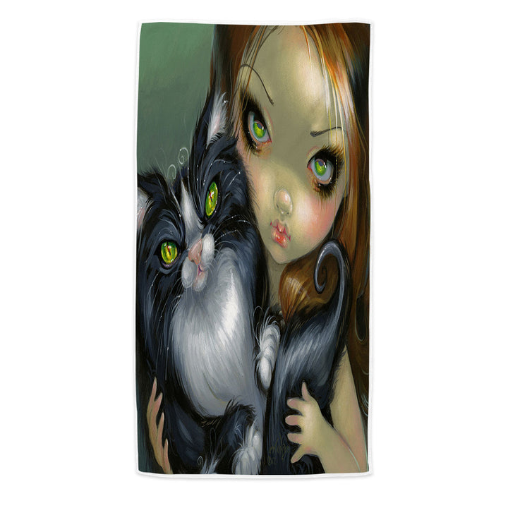 Girl with Tricksy Tuxedo Cat Microfiber Beach Towel