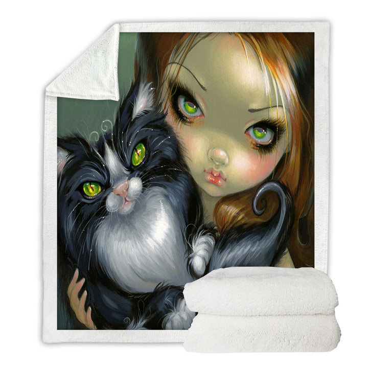 Girl with Tricksy Tuxedo Cat Sherpa Blanket