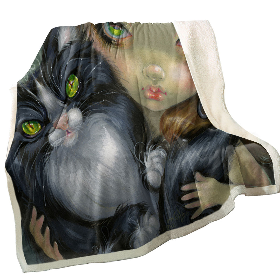 Girl with Tricksy Tuxedo Cat Throw Blanket