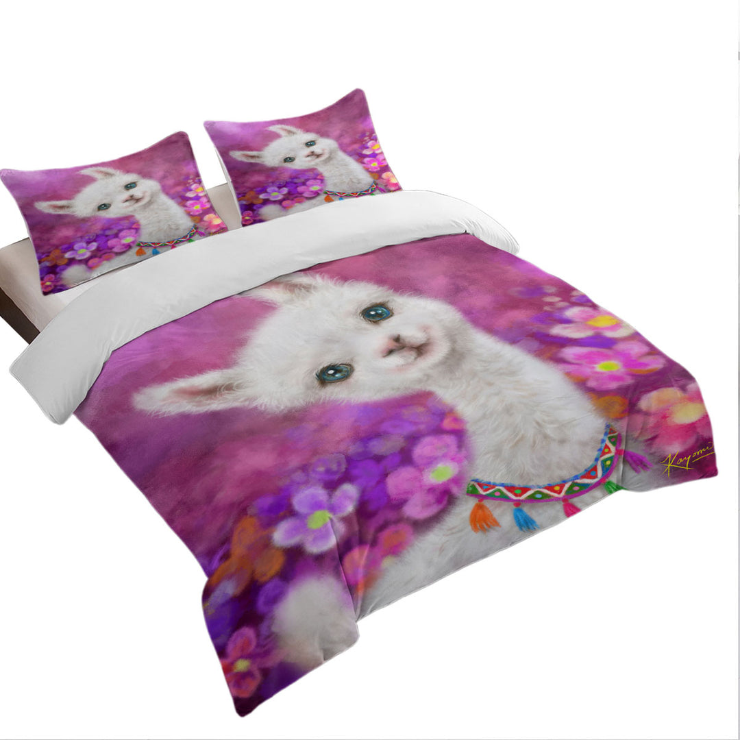 Girls Art Designs Purplish Happy Llama Duvet Cover