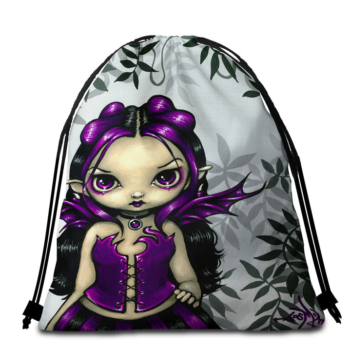 Girls Beach Towel Pack Gothling Violet Goth Elf Fairy Girl and Plants