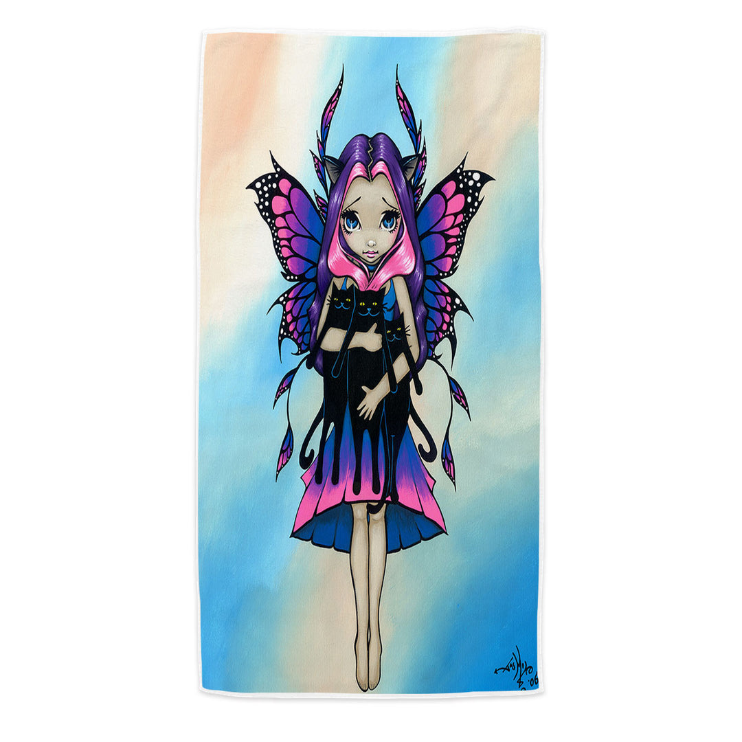 Girls Beach Towels My Three Kitties Cute Fairy with Her Black Cats