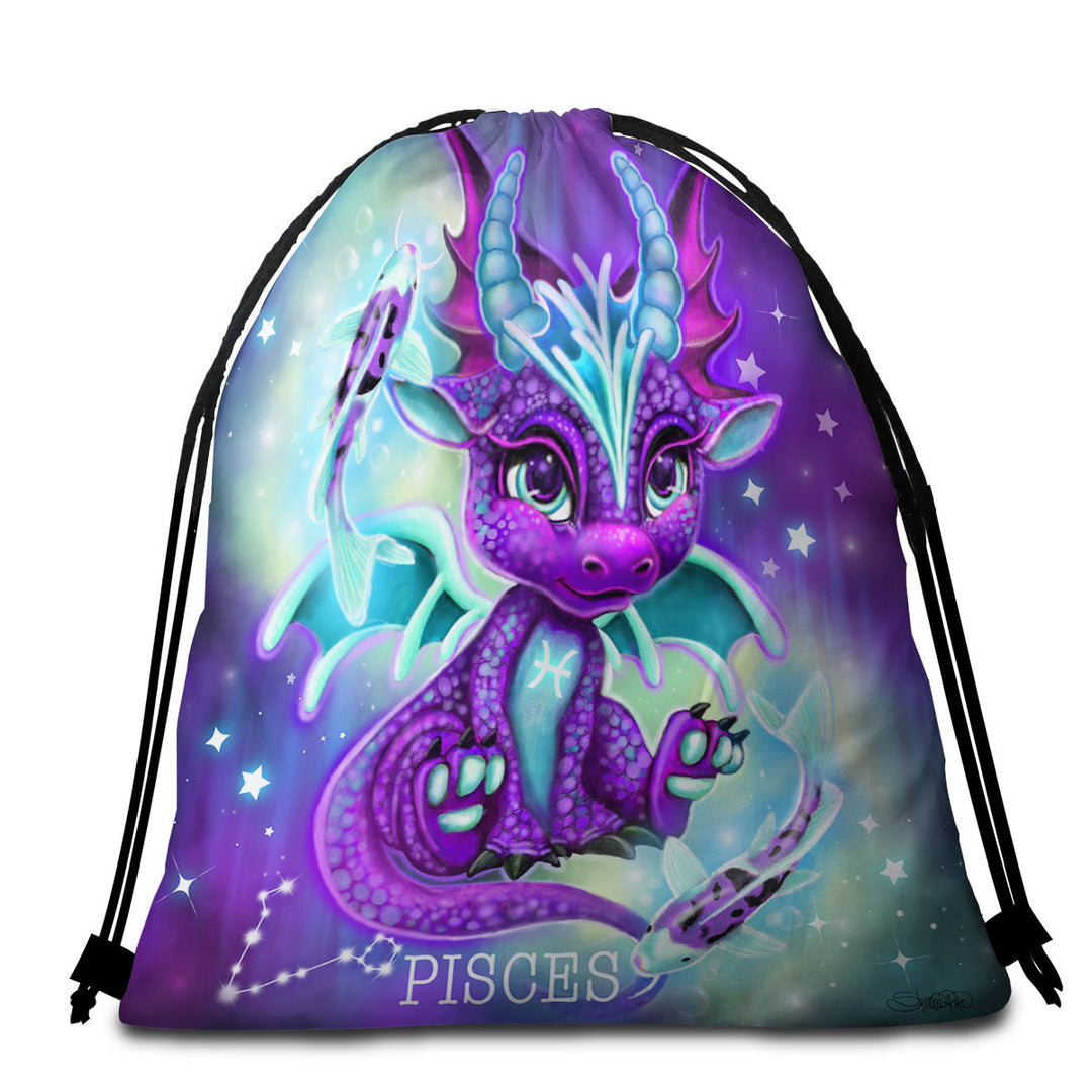 Girls Beach Towels and Bags Set Koi Fish and Pisces Lil Dragon