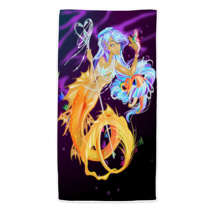 Girls Beach Towels with Fantasy Underwater Seahorse and Mermaid