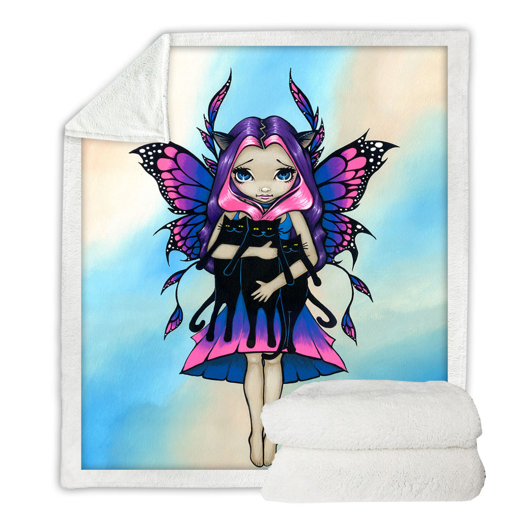 Girls Decorative Throws My Three Kitties Cute Fairy with Her Black Cats