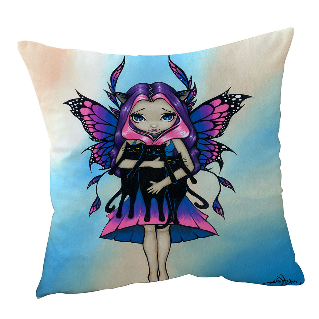 Girls Sofa Pillows My Three Kitties Cute Fairy with Her Black Cats