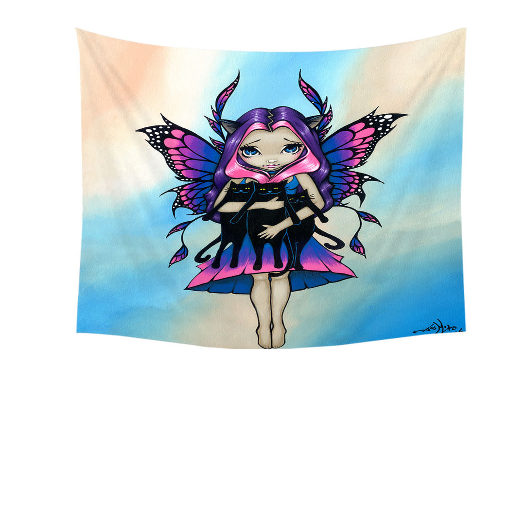 Girls Wall Decor Tapestry My Three Kitties Cute Fairy with Her Black Cats