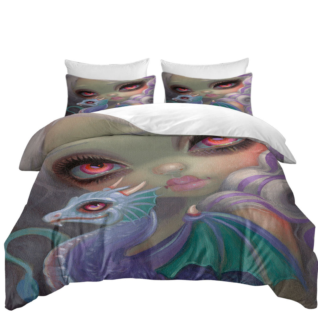 Girly Art Violet Icing Big Eyed Girl and Dragonling Duvet Cover sale