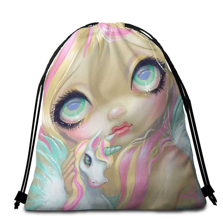 Girly Beach Bags and Towels Faces of Faery _178 Big Eyed Pinkish Girl Unicorn