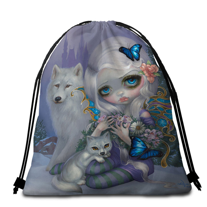 Girly Beach Towel Bags Winter Fairy with Two White Wolves and Butterflies