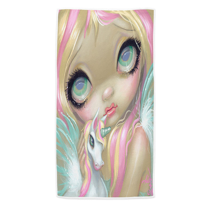 Girly Beach Towels Faces of Faery _178 Big Eyed Pinkish Girl Unicorn