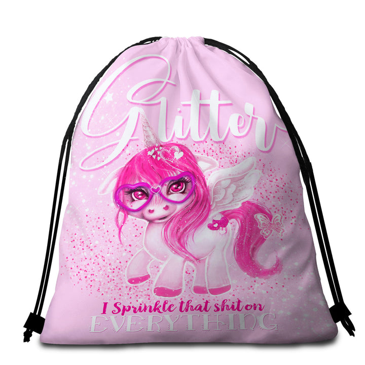 Girly Beach Towels and Bags Set Glitter Everything Unicorn