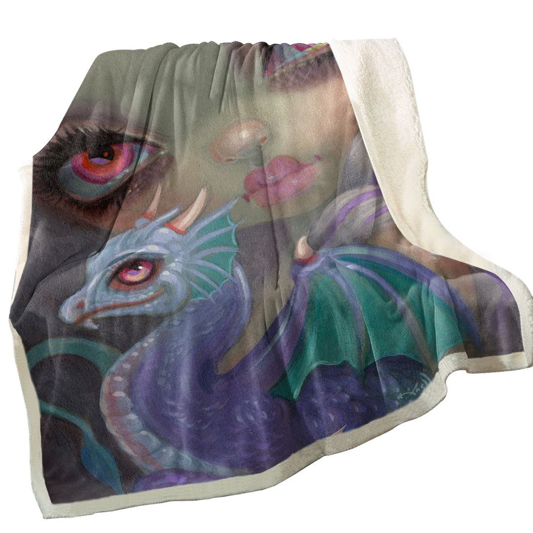 Girly Lightweight Blankets Art Violet Icing Big Eyed Girl and Dragonling