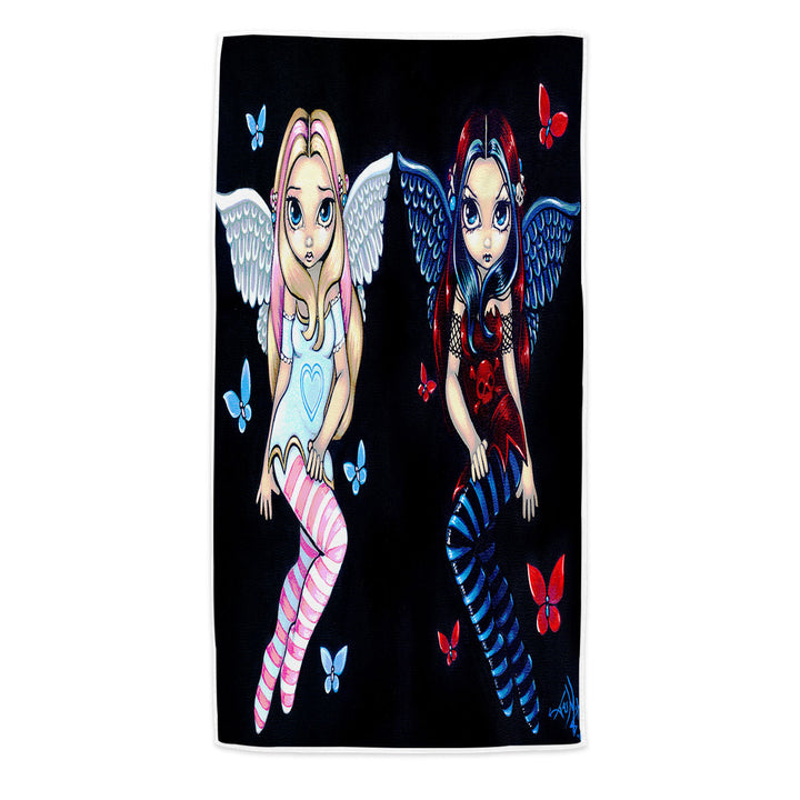 Girly Microfiber Beach Towel Two Fairies Sisters Hope and Despair