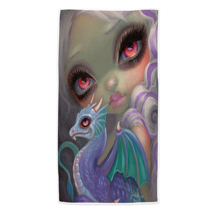 Girly Pool Towels Art Violet Icing Big Eyed Girl and Dragonling