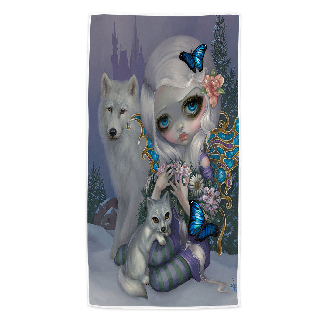 Girly Pool Towels Winter Fairy with Two White Wolves and Butterflies