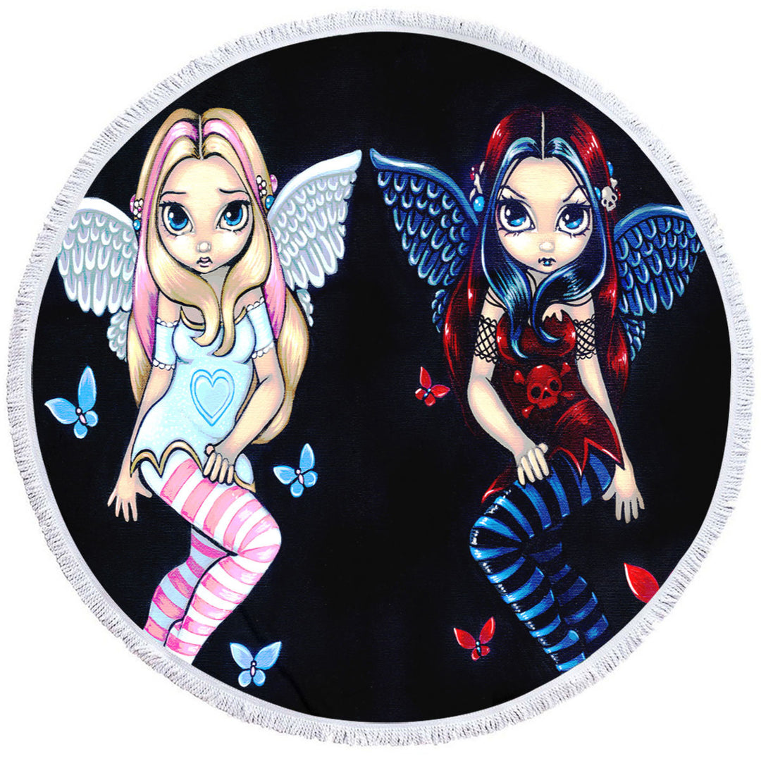 Girly Round Beach Towel Two Fairies Sisters Hope and Despair