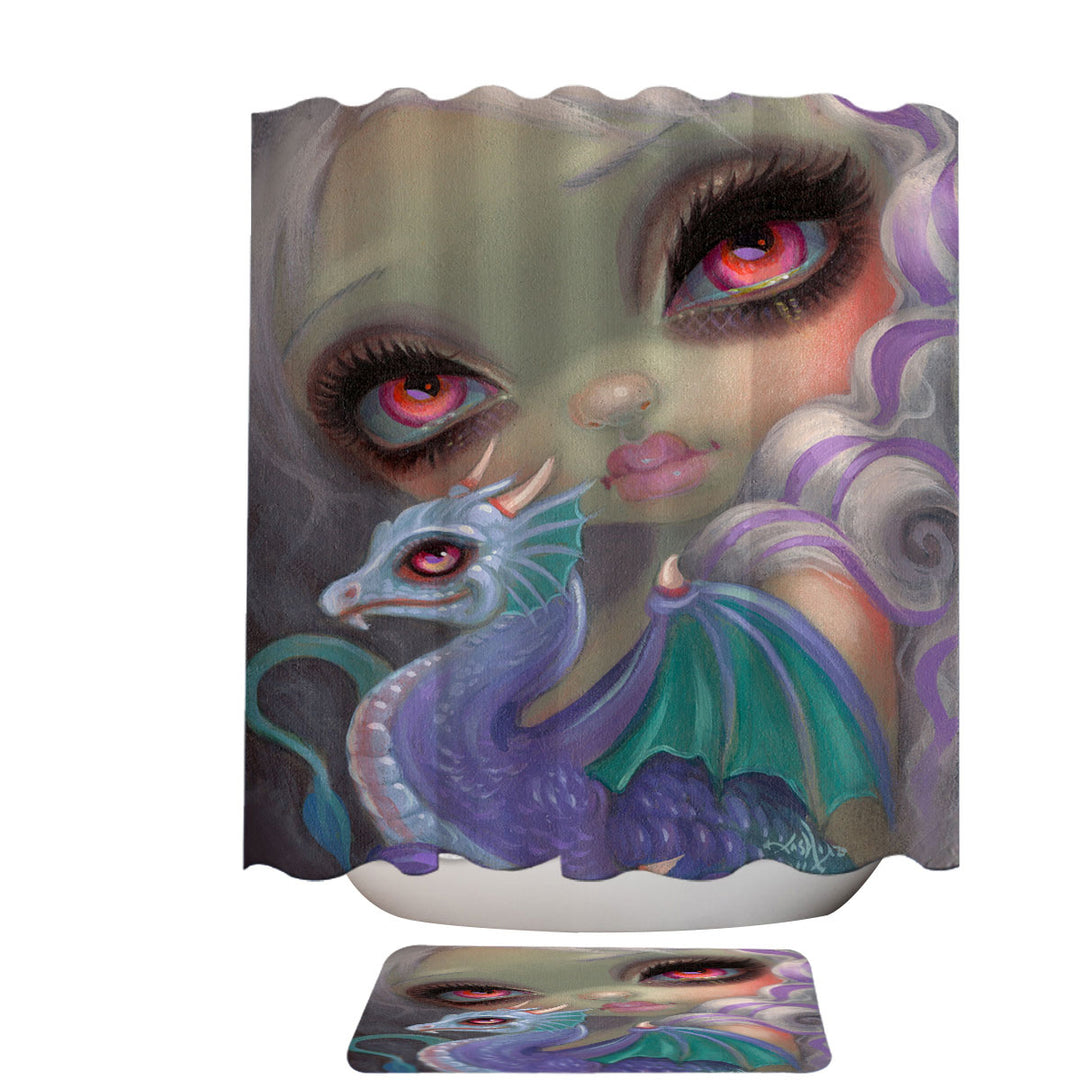 Girly Shower Curtain Art Violet Icing Big Eyed Girl and Dragonling