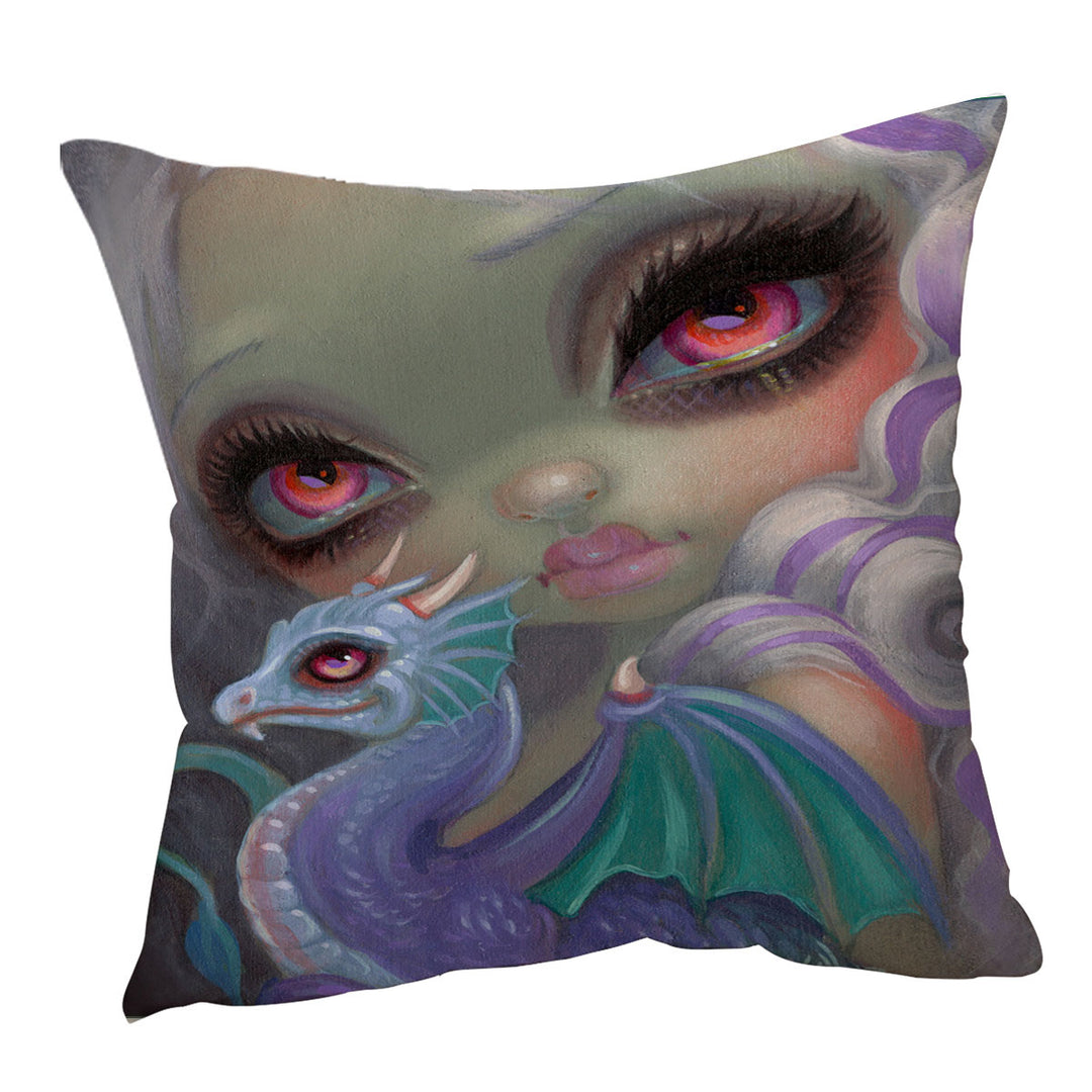 Girly Sofa Pillows Art Violet Icing Big Eyed Girl and Dragonling