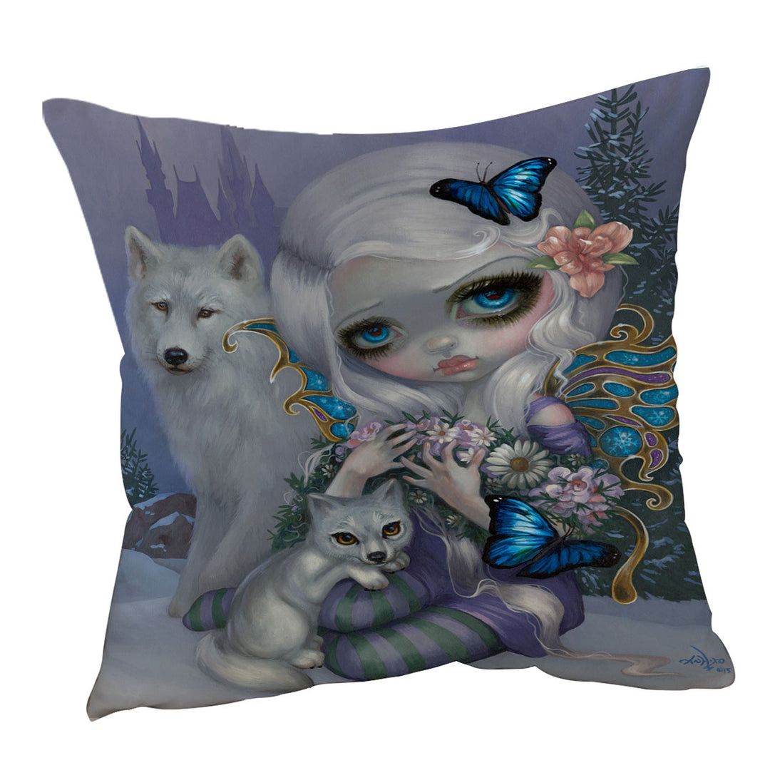 Girly Sofa Pillows Winter Fairy with Two White Wolves and Butterflies