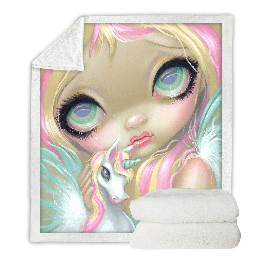 Girly Throw Blanket Faces of Faery _178 Big Eyed Pinkish Girl Unicorn