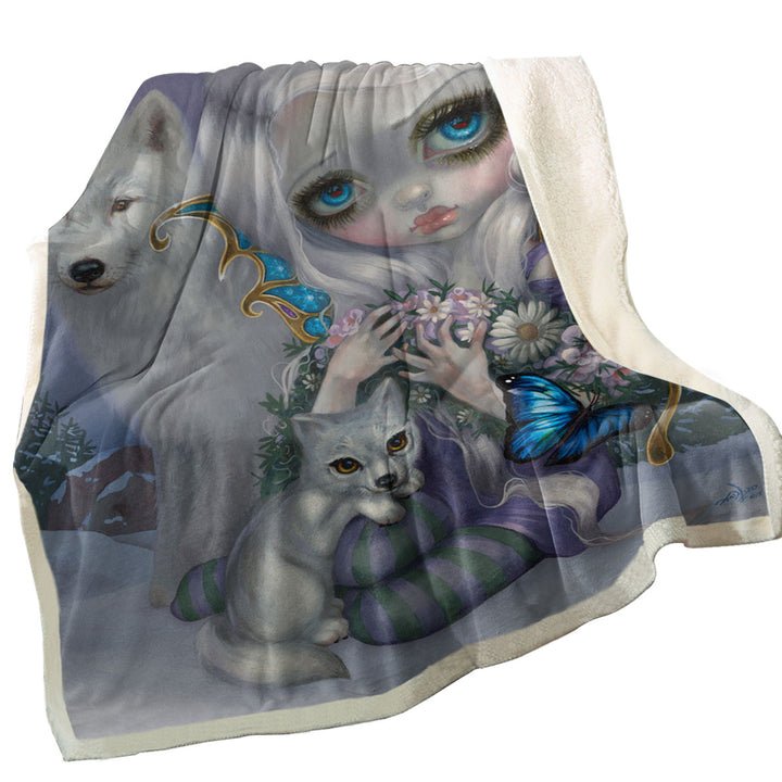 Girly Throw Blankets Winter Fairy with Two White Wolves and Butterflies