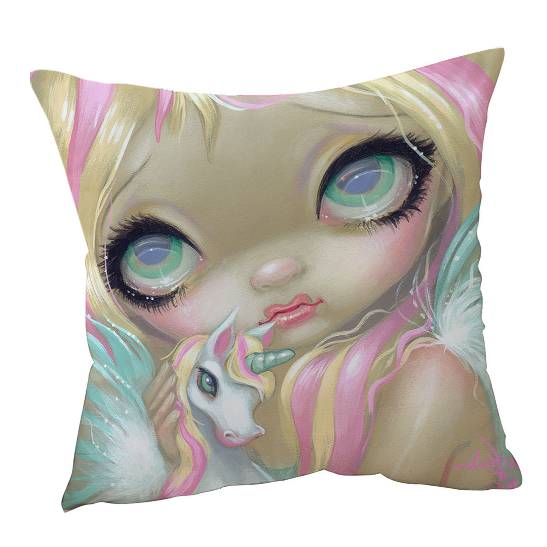 Girly Throw Pillows Faces of Faery _178 Big Eyed Pinkish Girl Unicorn