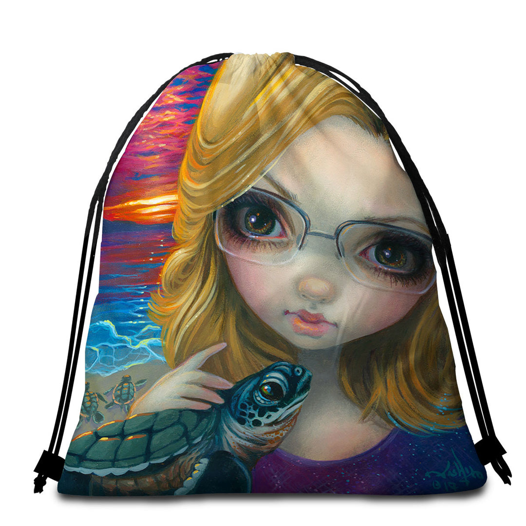 Glasses Beach Towel Bags Faces of Faery _237 Glasses Girl and Sunset Turtles