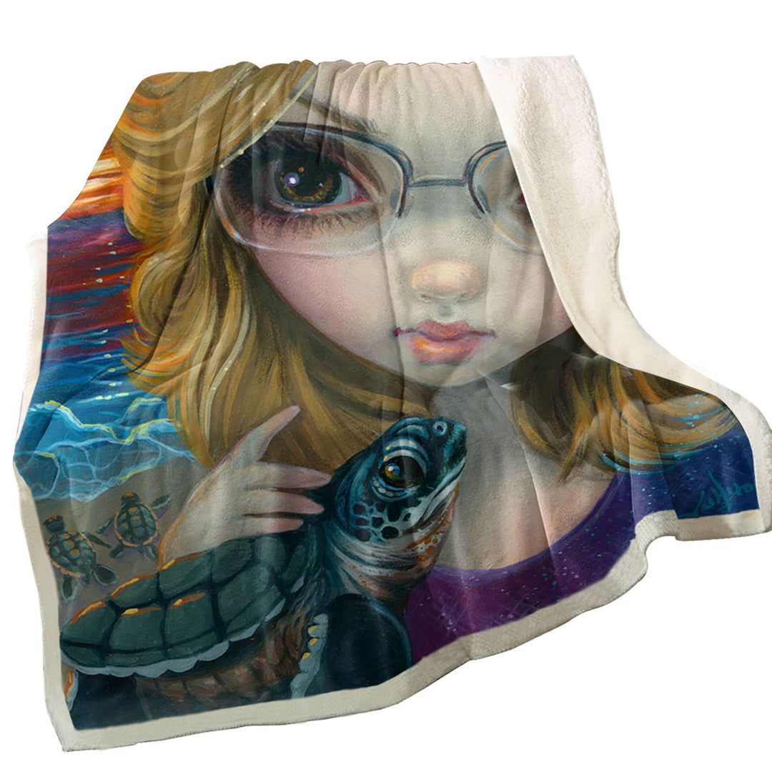 Glasses Throw Blanket Faces of Faery _237 Glasses Girl and Sunset Turtles