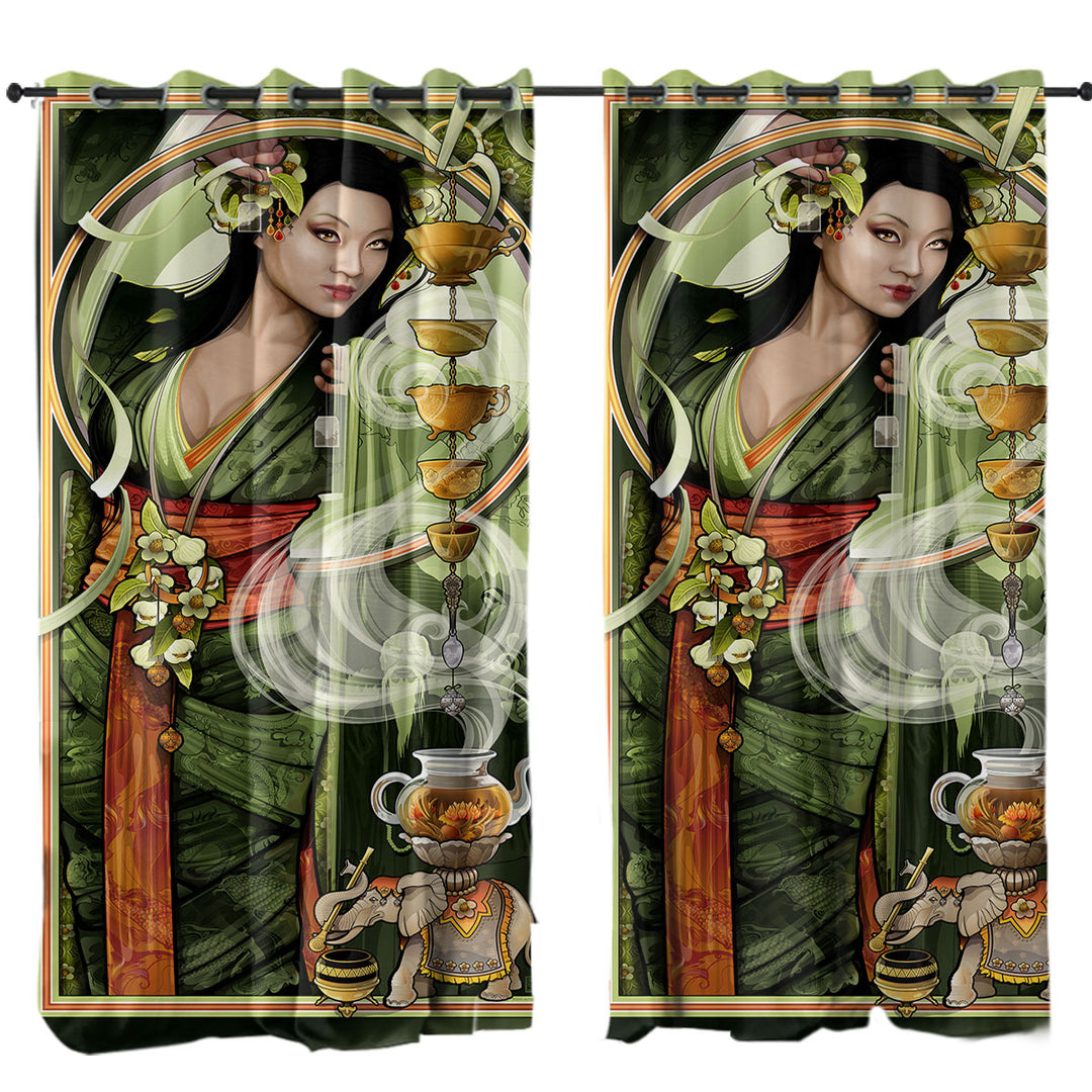 Goddess of Tea Beautiful Woman Art Curtain