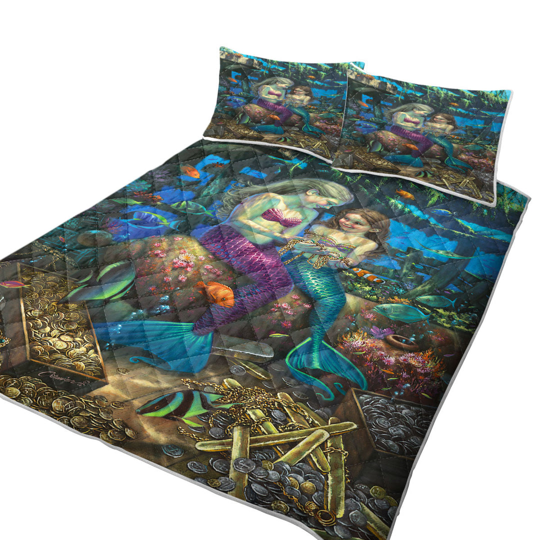 Gold Treasure Girls Mermaids Angel of the Deep King Size Bedspreads