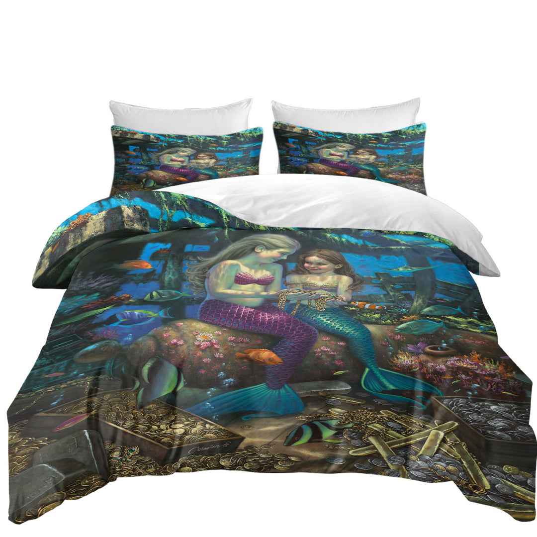 Gold Treasure Girls Mermaids Angel of the Deep King Size Duvet Cover