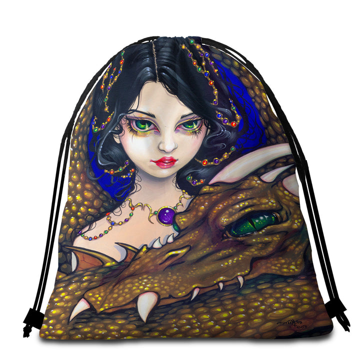 Golden Guardian Elf Maiden and Her Dragon Beach Towels and Bags Set