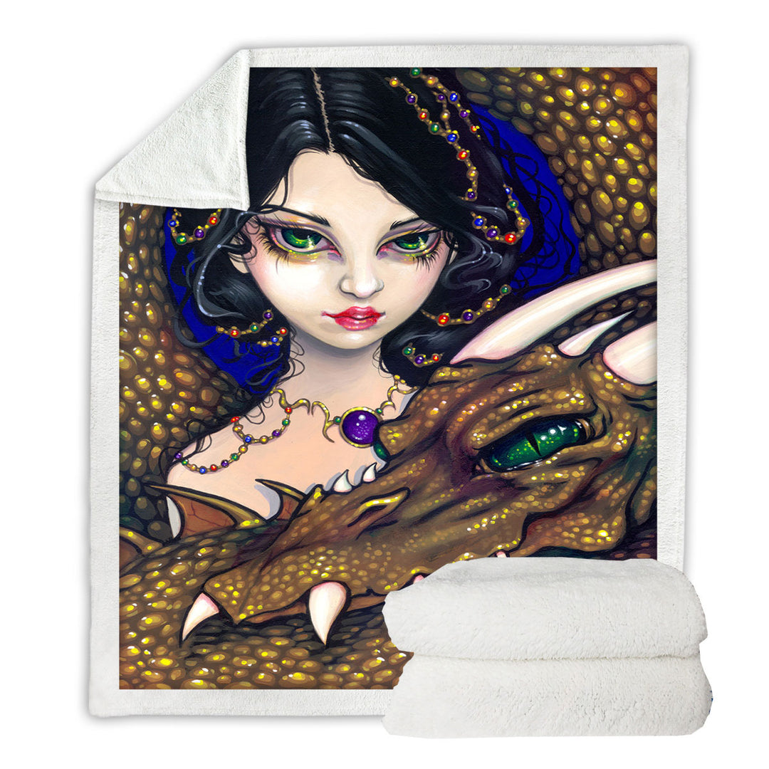 Golden Guardian Elf Maiden and Her Dragon Decorative Blankets