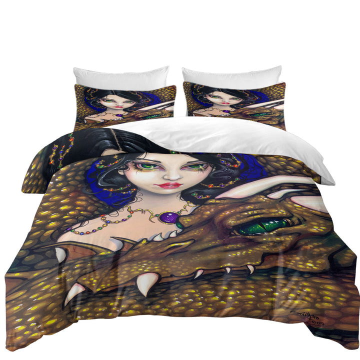 Golden Guardian Elf Maiden and Her Dragon Duvet Cover sale