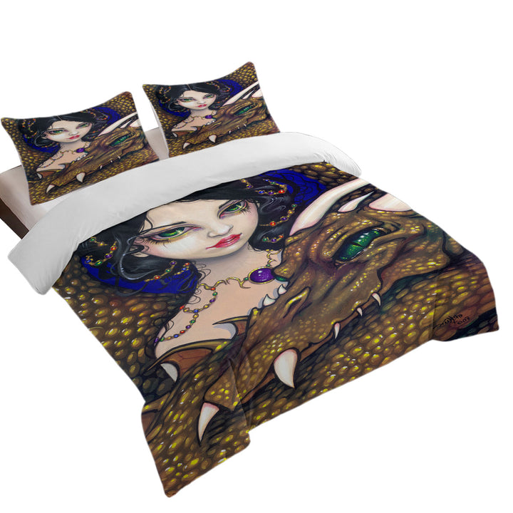 Golden Guardian Elf Maiden and Her Dragon Quilt Cover