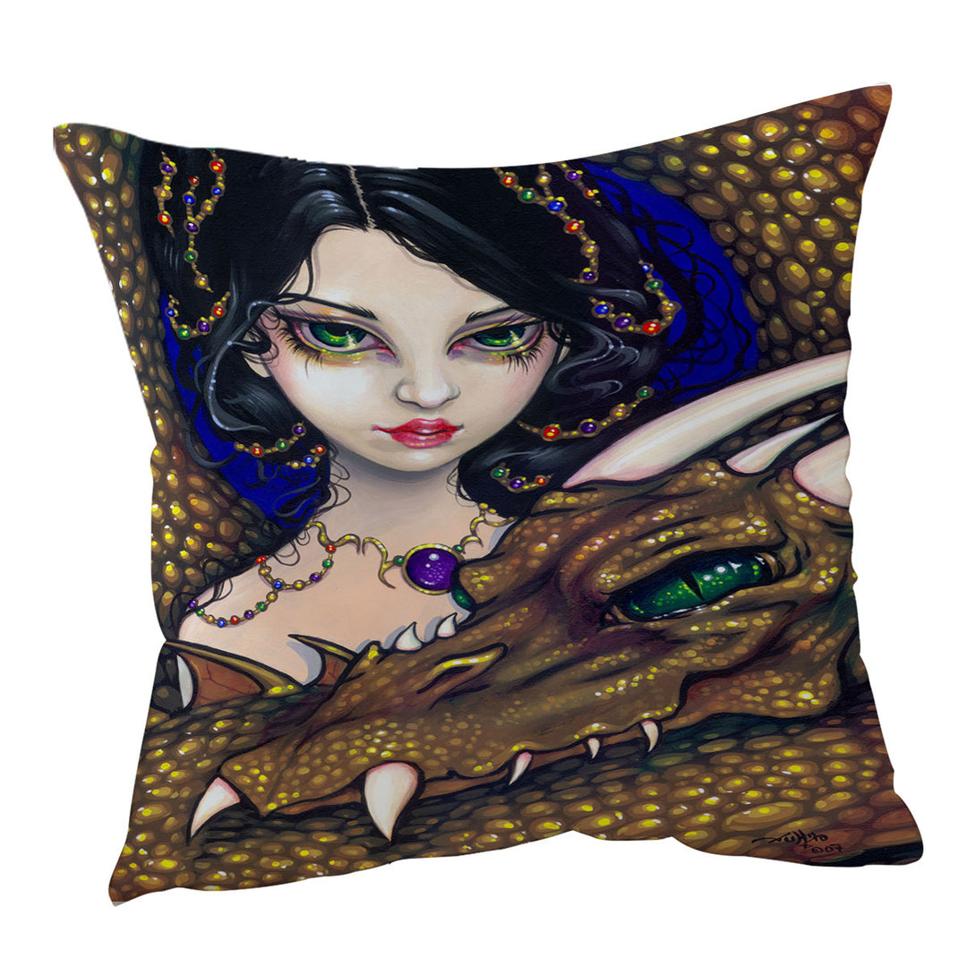 Golden Guardian Elf Maiden and Her Dragon Throw Pillow