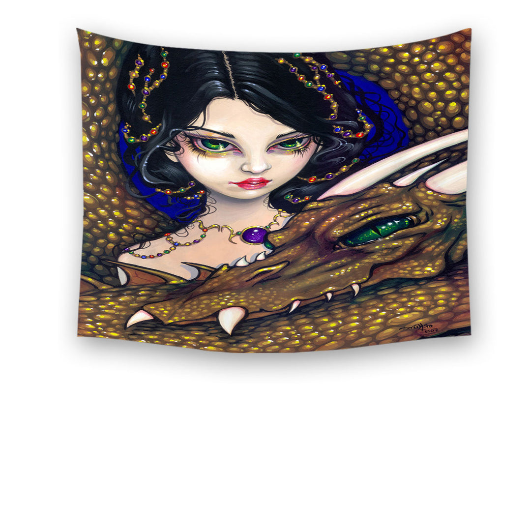 Golden Guardian Elf Maiden and Her Dragon Wall Tapestry Hanging