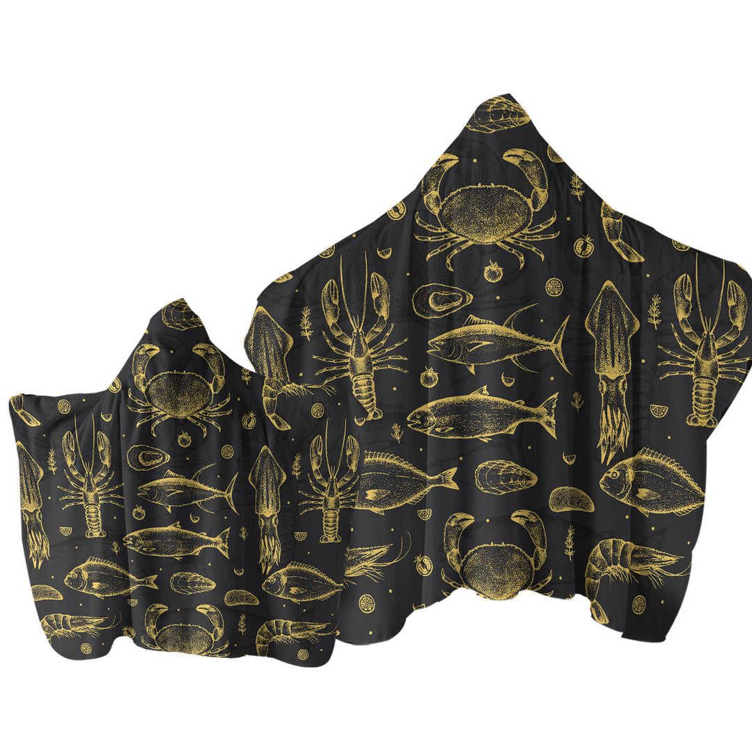 Golden Seafood Fish Crab and Squid Towel Hoodie