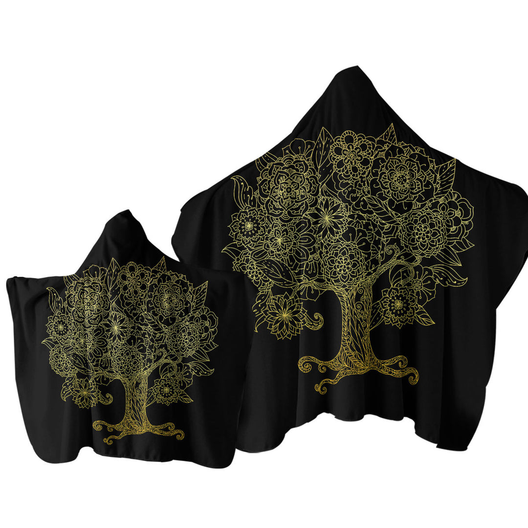 Golden Tree Drawing over Black Hooded Beach Towel