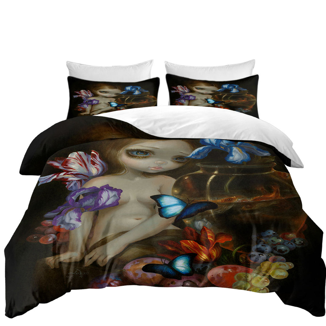 Good Duvet Covers with Fine Art Girl with Fruits Butterflies and Fish