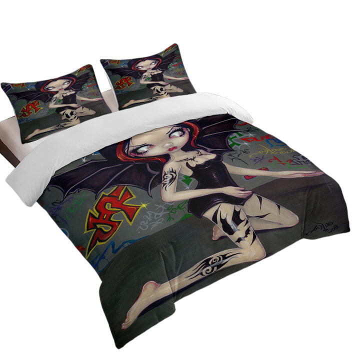 Goth Bat Fairy Girl with Bat Tattoos King Duvet Cover set