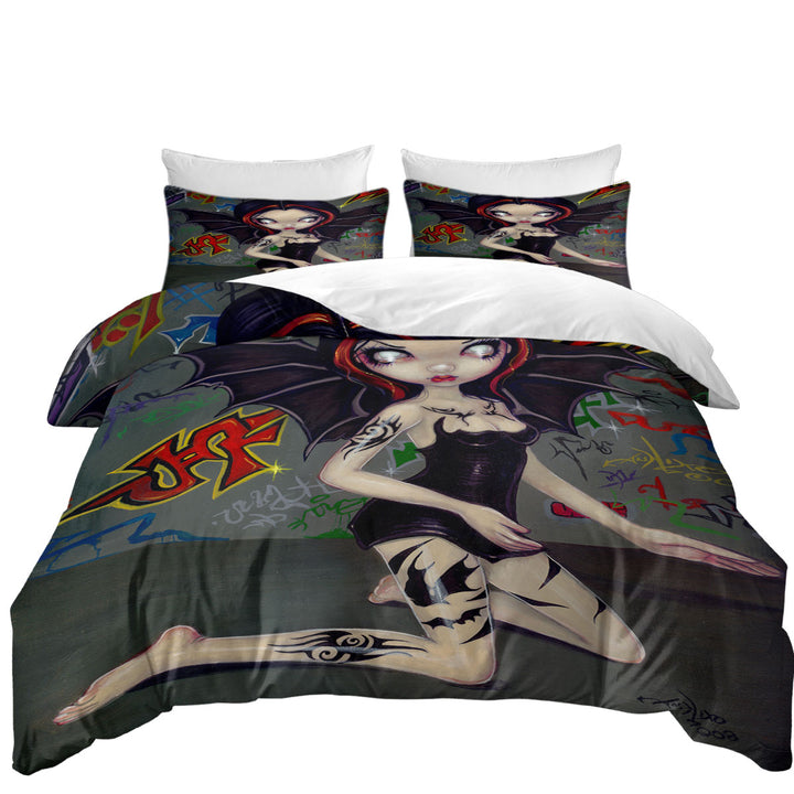 Goth Bat Fairy Girl with Bat Tattoos King Size Duvet Cover