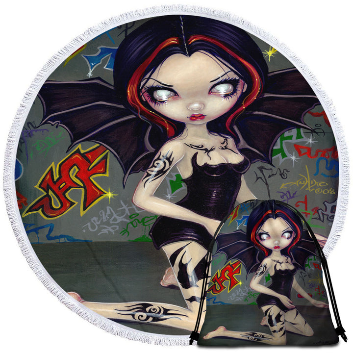 Goth Circle Beach Towel Bat Fairy Girl with Bat Tattoos