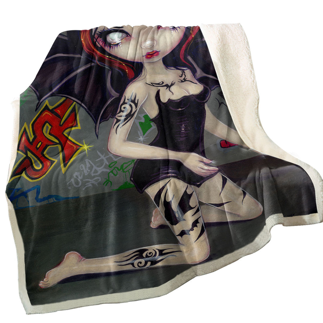 Goth Fleece Blankets Bat Fairy Girl with Bat Tattoos