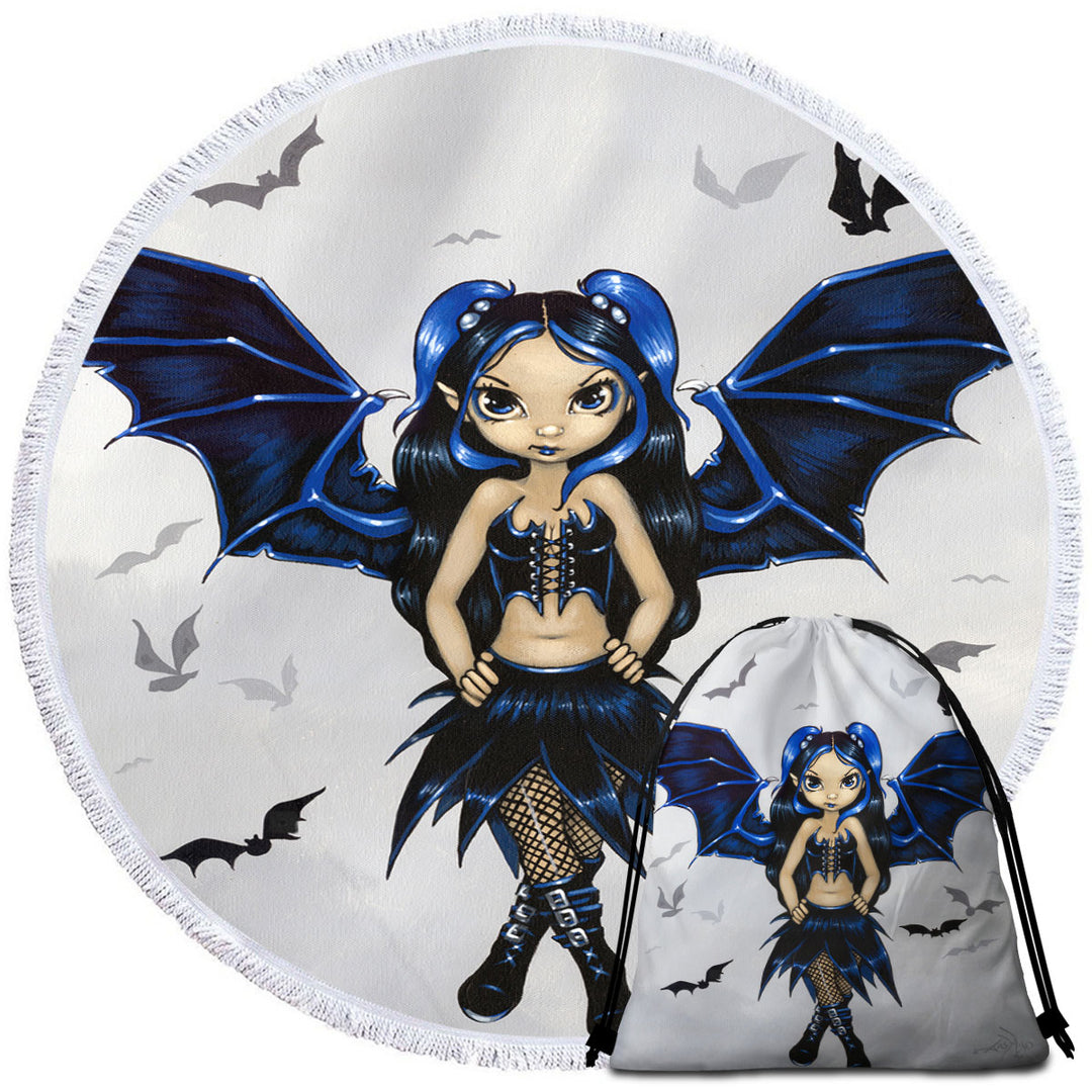 Goth Girls Round Beach Towel Bats Fairy Girl with Bat Wings